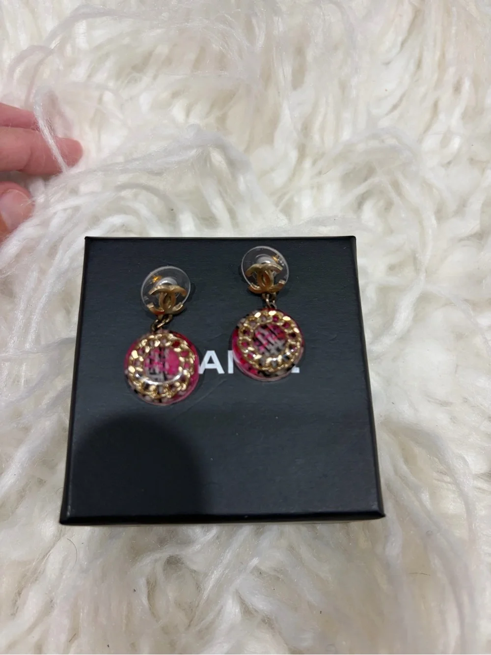 CHANEL Pink and Gold CC Woven Circle Drop Earrings